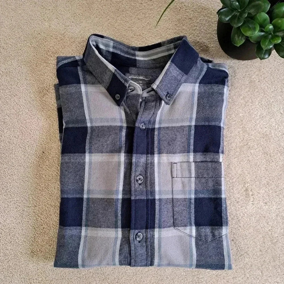 Eddie Bauer Flannel Shirt Blue Grey Plaid Men's Medium Button Up Shirt - Picture 12 of 12